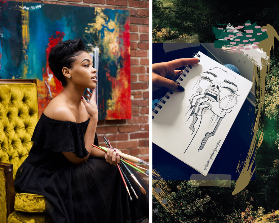 Left: Alexis Miché with one of her paintings Right: One of Miché's line drawings