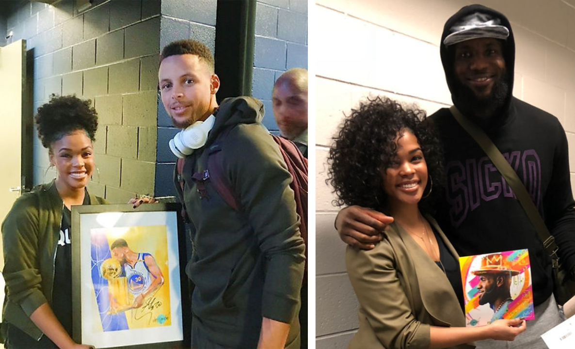 Alexis Miché presents her custom digital artwork to NBA stars Stephen Curry and LeBron James.